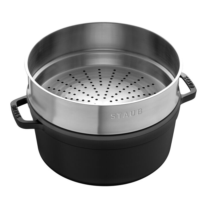 La Cocotte, Cocotte com vaporizador 26 cm, redondo, Preto, Ferro fundido, large 2