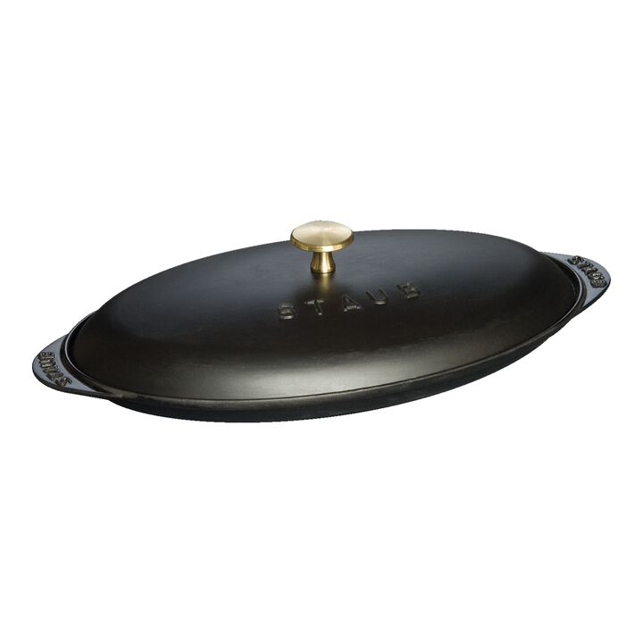 Cast Iron, 12.25 inch, Oval, Covered Fish Pan, Matte Black, large 1