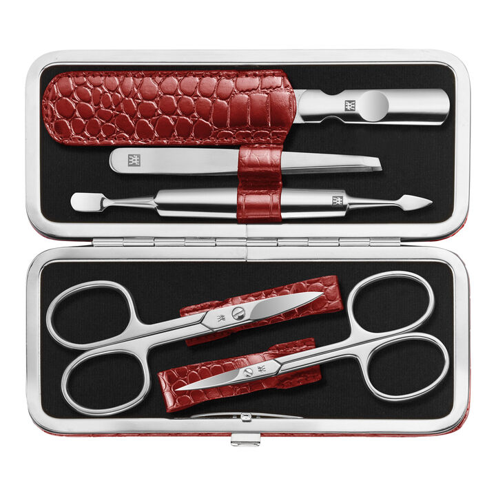 CLASSIC, 5-pc, Red, Leather, Manicure Pedicure Set With Nail Scissors, large 1
