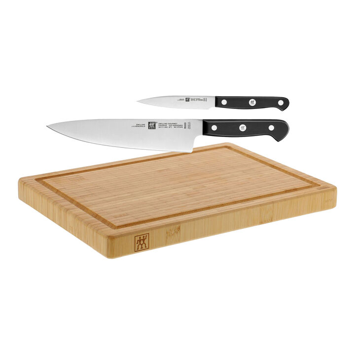 Set med skärbräda och knivar, 3-st/ 10/20 cm, Brun/ Svart, Bambu/ Stål, large 1
