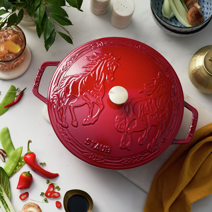 La Cocotte, 5 qt, Essential French Oven with Horse Lid, Cherry, large 2