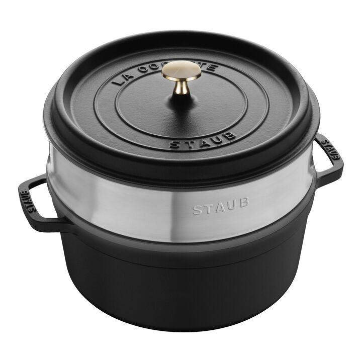 La Cocotte, Cocotte com vaporizador 26 cm, redondo, Preto, Ferro fundido, large 1