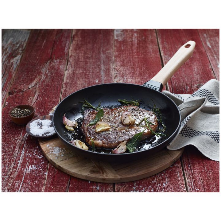Pans, Poêle avec poignée en bois 28 cm, Noir, large 2