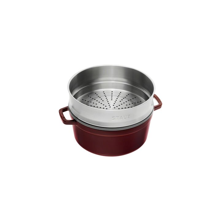 La Cocotte, Cocotte com vaporizador 26 cm, redondo, Vermelho grenadina, Ferro fundido, large 3