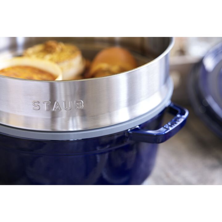 La Cocotte, Cocotte mit Dämpfeinsatz 26 cm, rund, Dunkelblau, Gusseisen, large 4