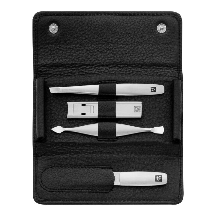 PREMIUM, 4-pc, Leather Manicure Pedicure Set With Compact Nail Clippers, Matte Black, large 1