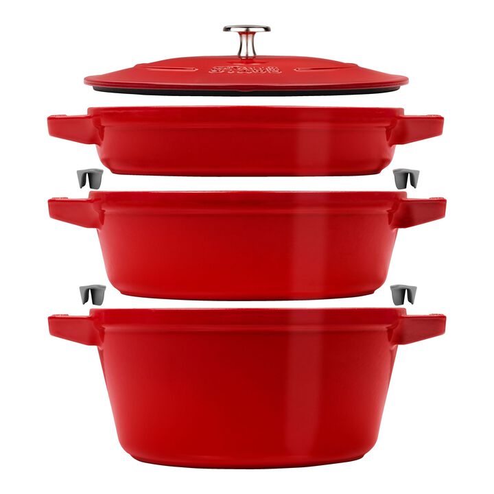 Stackable Set, Kochtopfset Stackable 3-tlg, rund, Kirsch-Rot, Gusseisen, large 1