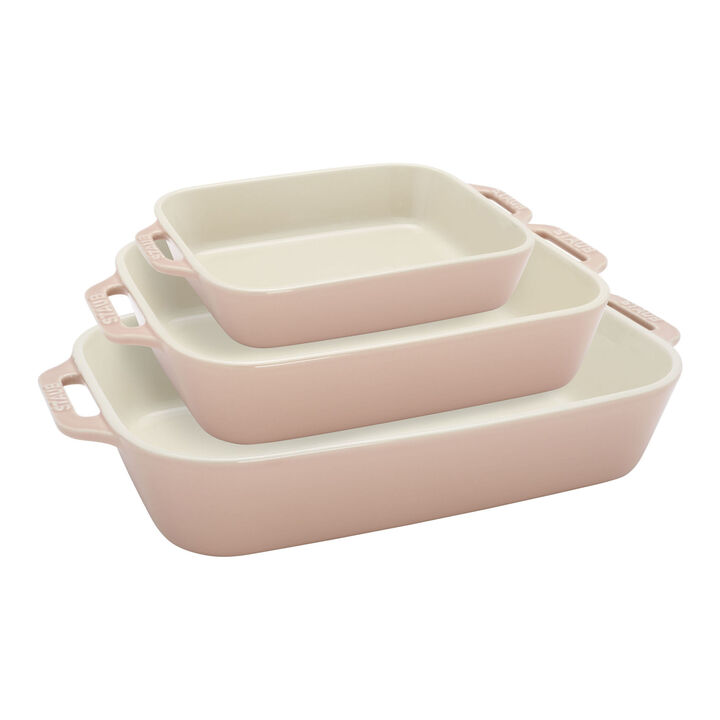 Stoneware, 3-pc, Rectangular Baking Dish Set, Light Pink, large 1