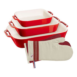 Set di pirofile con guanti da forno, 5-pz. / S/M/L, ciliegia, Ceramica / Cotone