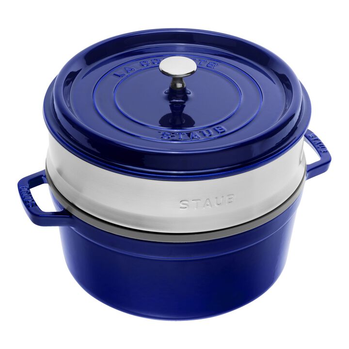 La Cocotte, Cocotte mit Dämpfeinsatz 26 cm, rund, Dunkelblau, Gusseisen, large 1