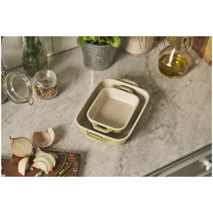 Stoneware, 2-pc, Rectangular Baking Dish Set Macaron, Light Green, large 3