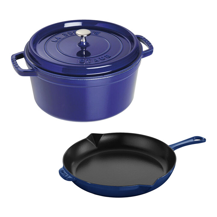 Cast Iron, 3-pc, Cocotte and Fry Pan Set, Dark Blue, large 1
