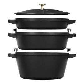 Kochtopfset 3-tlg, rund, Schwarz, Gusseisen