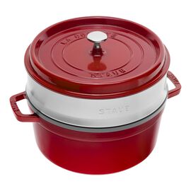 Cocotte com vaporizador 26 cm, redondo, Vermelho cereja, Ferro fundido