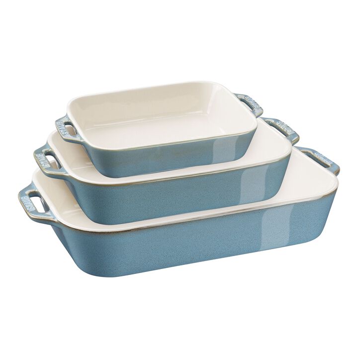 Stoneware, 3-pc, Rectangular Baking Dish Set, Rustic Turquoise, large 1