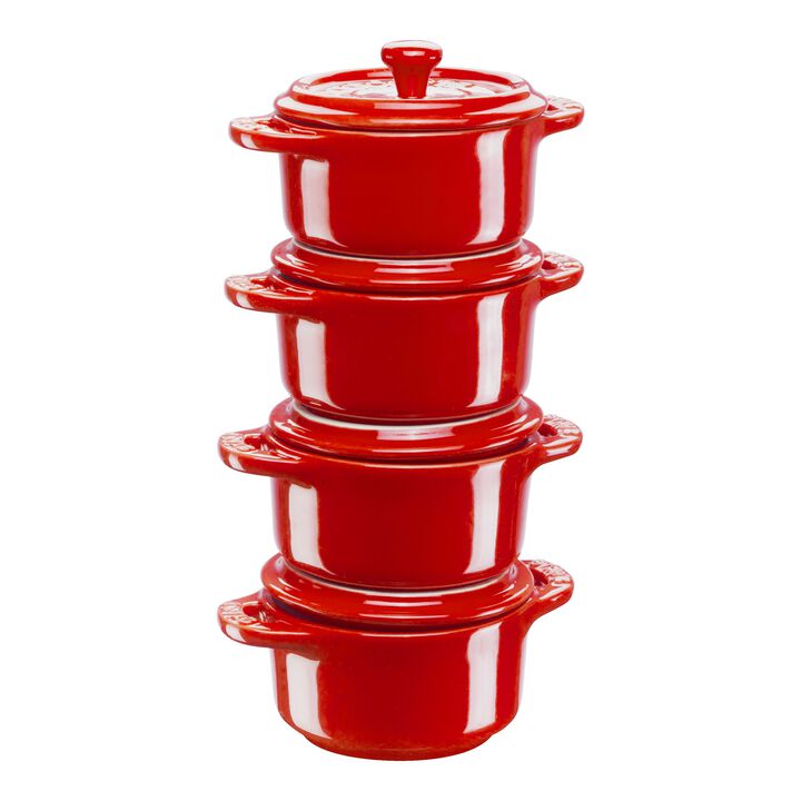 Stentøj, Cocotte sæt 4-dele, Rund, Kirsebærrød, Keramisk, large 1