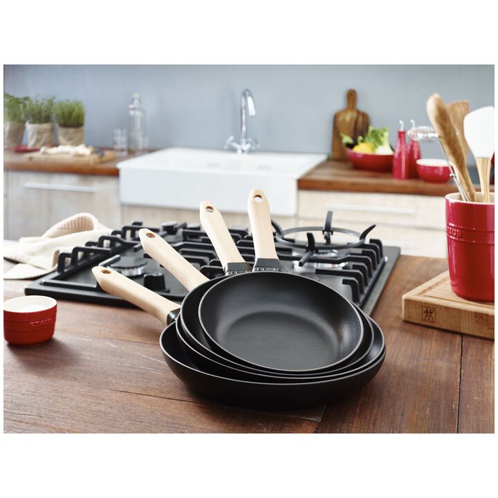 Pans, Poêle avec poignée en bois 28 cm, Noir, large 3