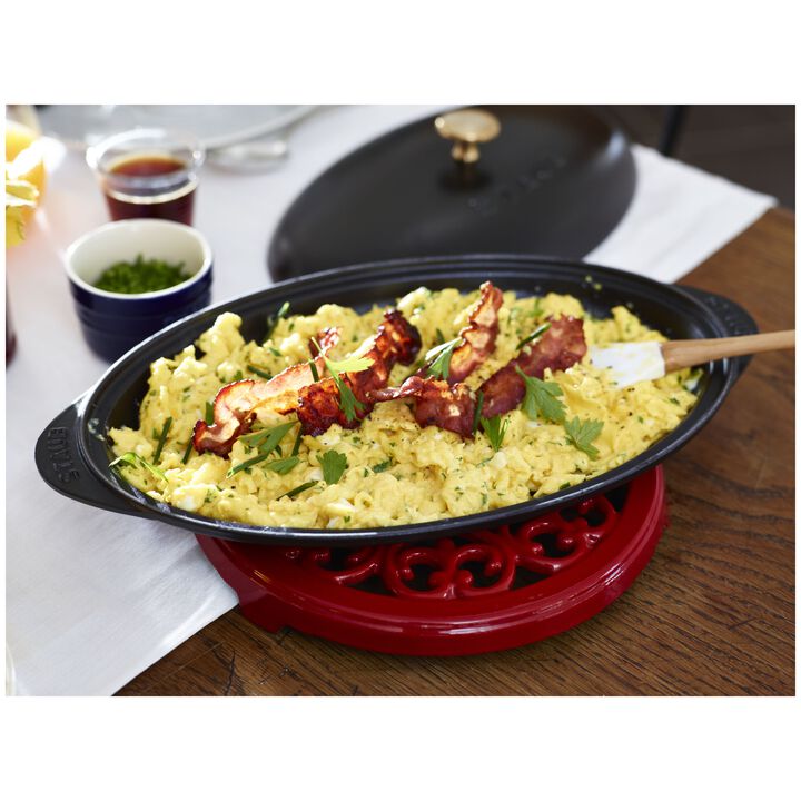Serving, 23 cm round cast iron Trivet, lily decal, cherry, large 3