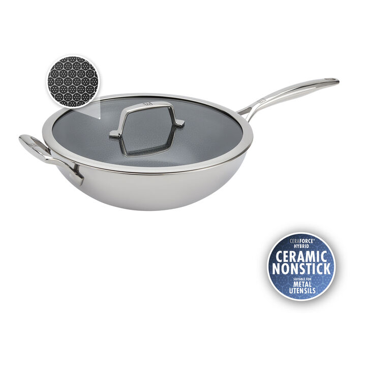 Peak, 12-inch, 18/10 Stainless Steel, Wok With Lid Ceramic Hybrid, large 1