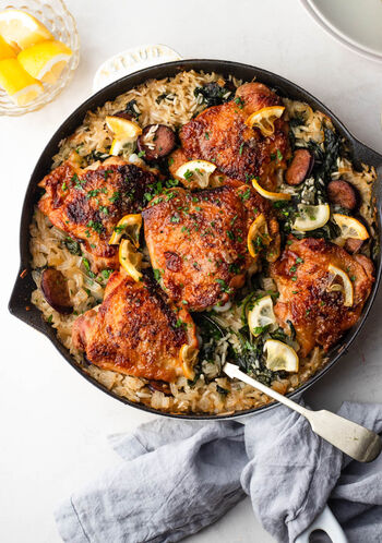 One Pan Chicken and Rice with Spinach and Lemon